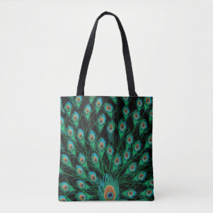 Illustration With Peacock Feathers on Black Tote Bag