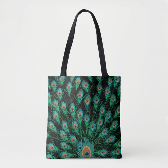 Illustration With Peacock Feathers on Black Tote Bag (Front)