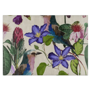 Illustrations of tropical flowers, exotic birds. cutting board