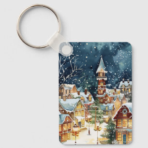 Illustrative Christmas  city in the snow Keychain