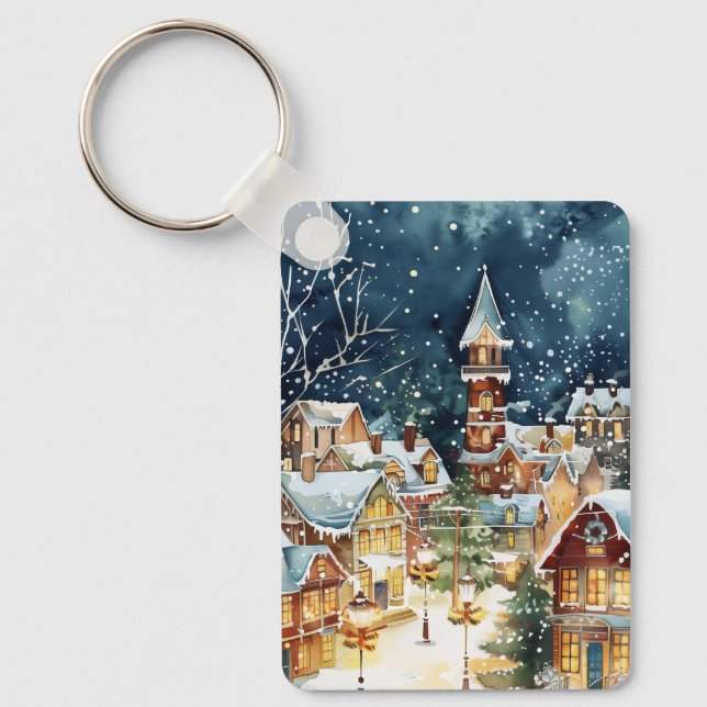 Illustrative Christmas  city in the snow Keychain (Front)