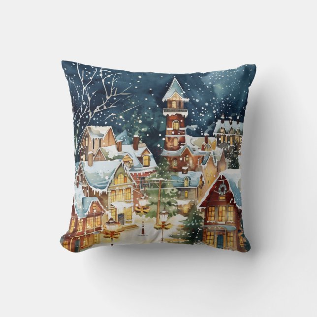 Illustrative Christmas  city in the snow Throw Pillow (Front)