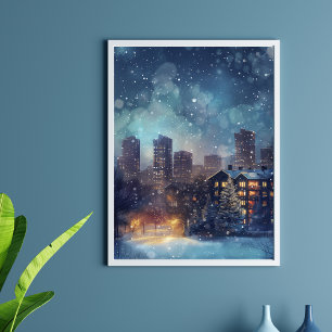 Illustrative New York city in the snow night Poster