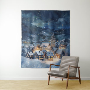 Illustrative of night sky city in snow tapestry