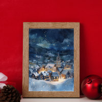 Illustrative of night sky Village in snow 
