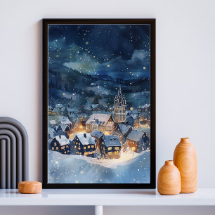 Illustrative of night sky Village in snow Poster