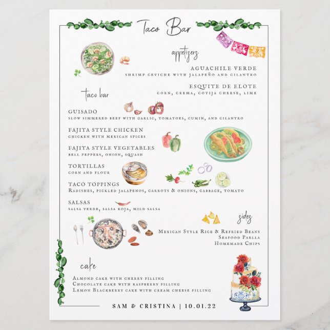 Illustré sur mesure | Menu Mariage Taco Bar (Devant)
