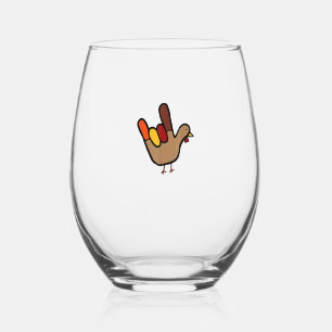 ILY Sign Language Hand Turkey Thanksgiving Holiday Stemless Wine Glass