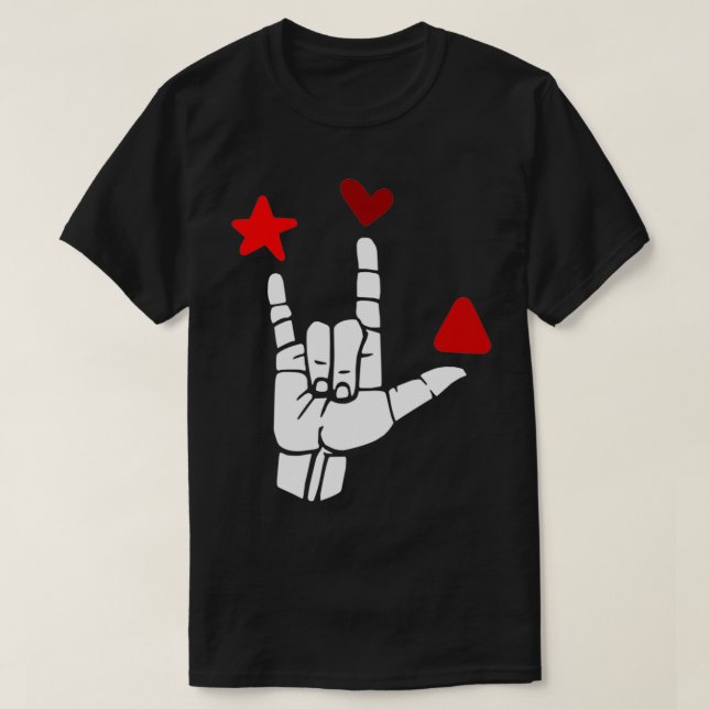 ILY sign red shapes ASL Sign Language Design T-Shirt (Design Front)