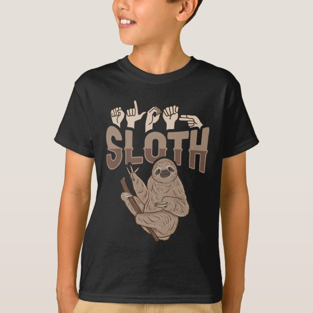 ILY Sloth ASL Hand Gesture Deaf Hearing Loss Aware T-Shirt (Front)