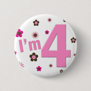 I'm 4 Pink & Brown Flowers 2 Inch Round Button