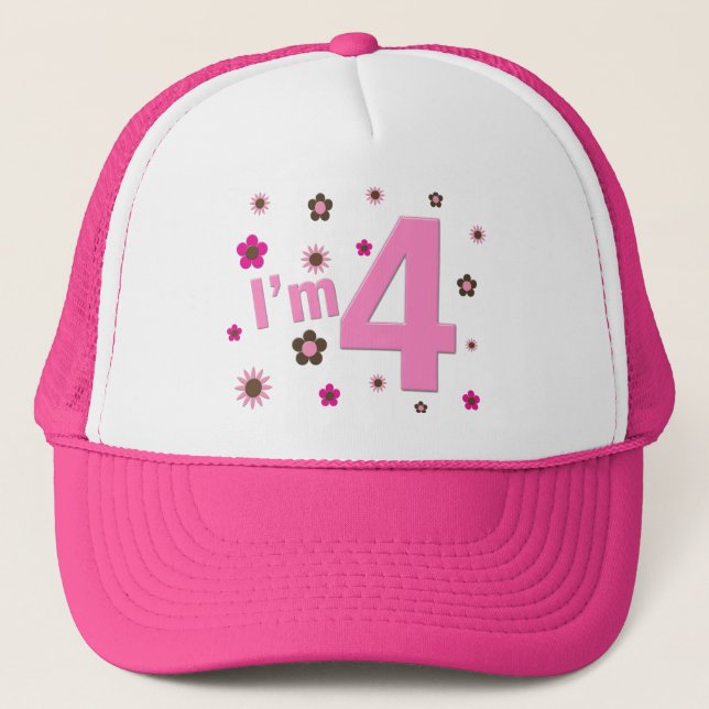 I'm 4 Pink & Brown Flowers Trucker Hat (Front)