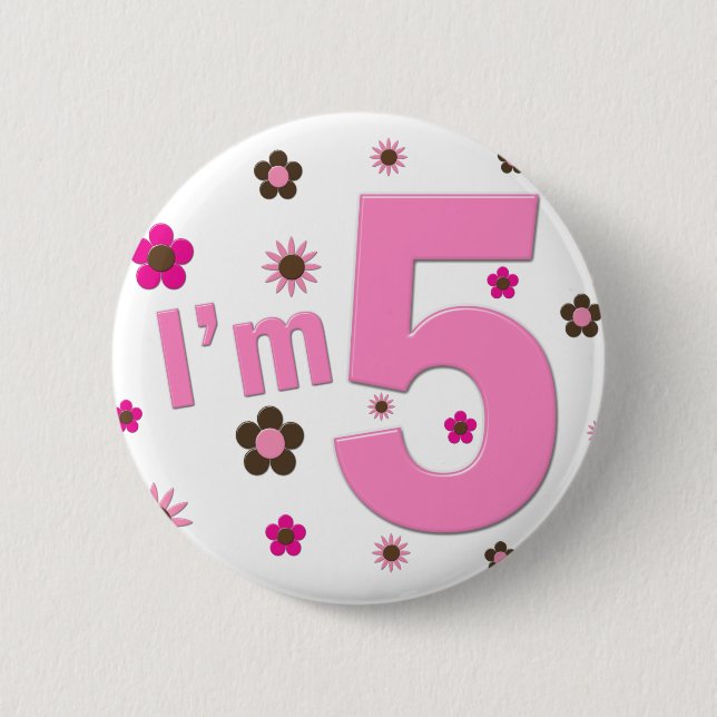 I'm 5 Pink And Brown Flowers 2 Inch Round Button (Front)