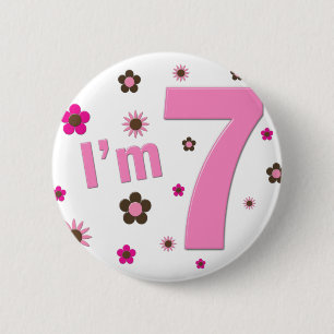 I'm 7 Pink And Brown Flowers 2 Inch Round Button