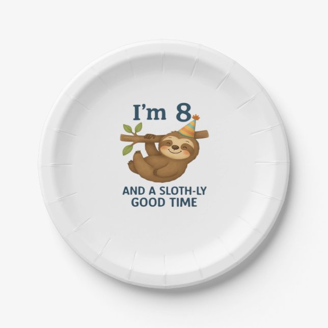 I'm 8 and a Sloth-ly Good Time Classic T-Shirt Paper Plate (Front)