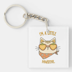 "I'm a Little Pawsitive" Cat with Strawberry Sungl Keychain