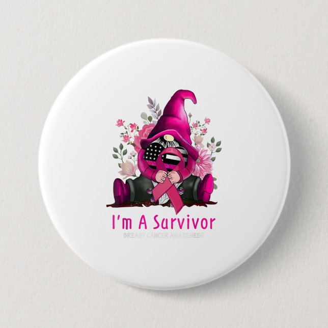 Im A Survivor Gnome Pink Ribbon Breast Cancer A 3 Inch Round Button (Front)