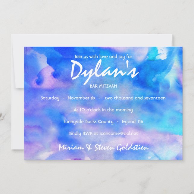 I'M BLUE WATERCOLOR  Bat Mitzvah Invitation (Front)