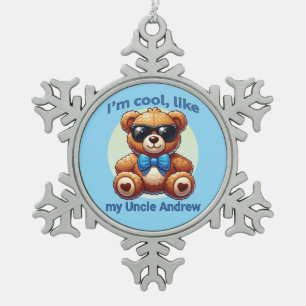 I'm Cool Teddy Bear with Blue Bow Customizable Snowflake Pewter Christmas Ornament