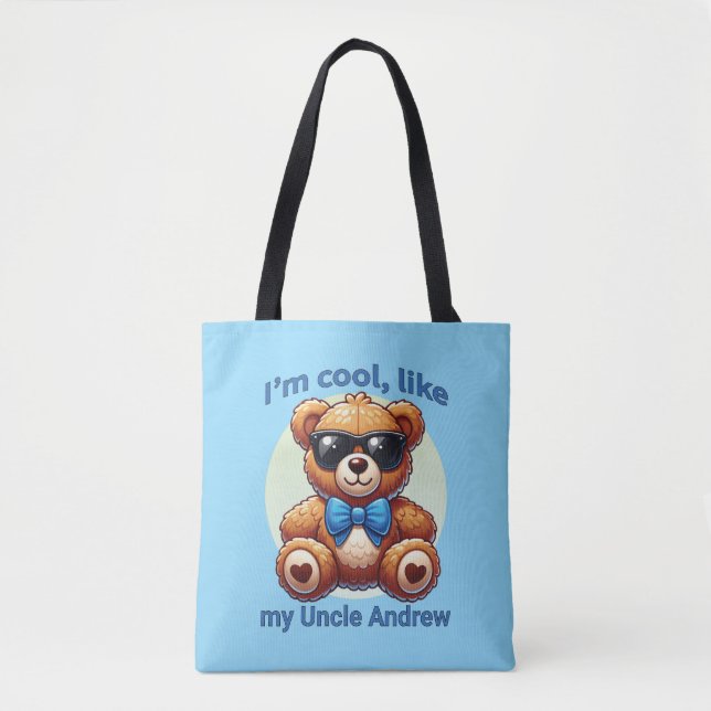 I'm Cool Teddy Bear with Blue Bow Customizable Tote Bag (Front)