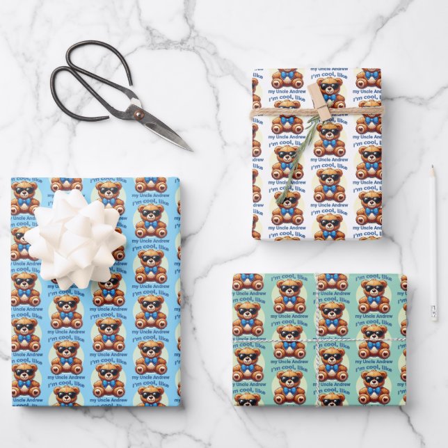 I'm Cool Teddy Bear with Blue Bow Customizable Wrapping Paper Sheet (Front)