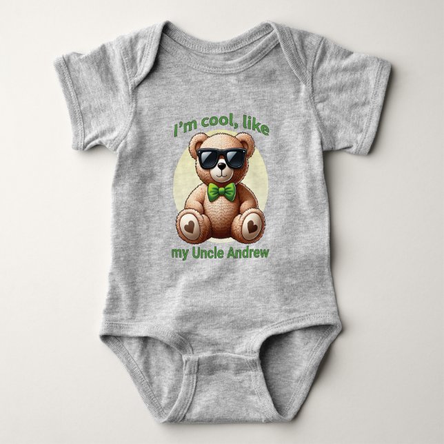I'm Cool Teddy Bear with Green Bow Customizable Baby Bodysuit (Front)