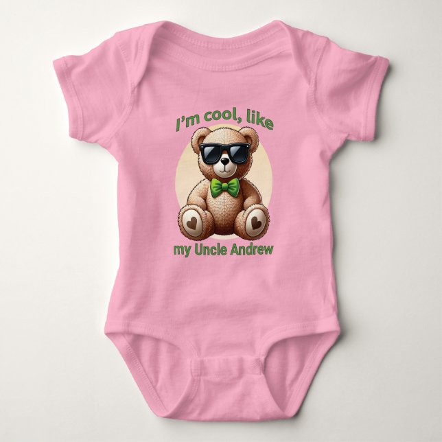 I'm Cool Teddy Bear with Green Bow Customizable Baby Bodysuit (Front)