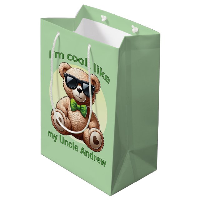 I'm Cool Teddy Bear with Green Bow Customizable Medium Gift Bag (Back Angled)
