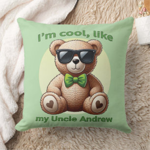 I'm Cool Teddy Bear with Green Bow Customizable Throw Pillow