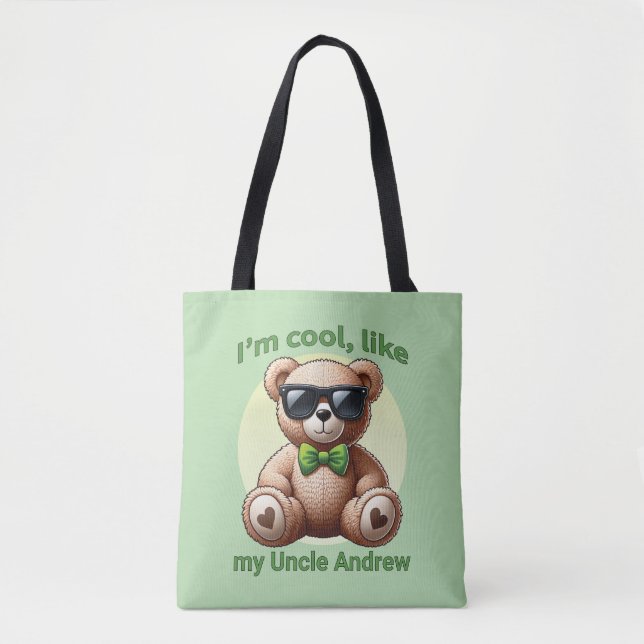 I'm Cool Teddy Bear with Green Bow Customizable Tote Bag (Front)