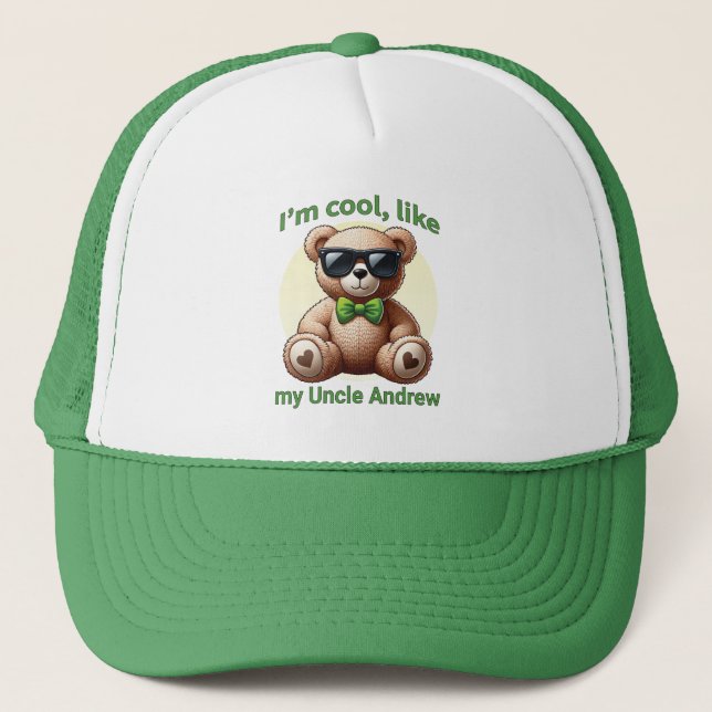 I'm Cool Teddy Bear with Green Bow Customizable Trucker Hat (Front)