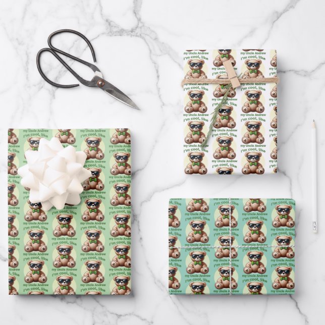 I'm Cool Teddy Bear with Green Bow Customizable Wrapping Paper Sheet (Front)