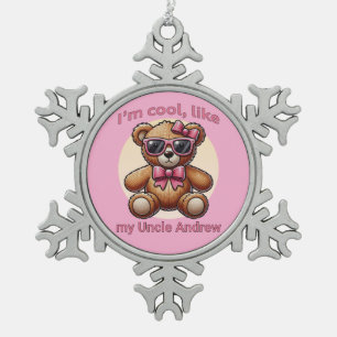 I'm Cool Teddy Bear with Pink Bow Customizable Snowflake Pewter Christmas Ornament
