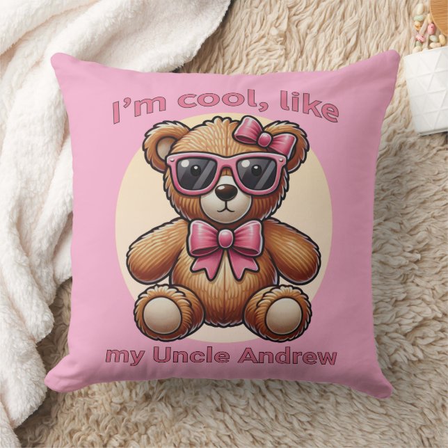 I'm Cool Teddy Bear with Pink Bow Customizable Throw Pillow (Blanket)