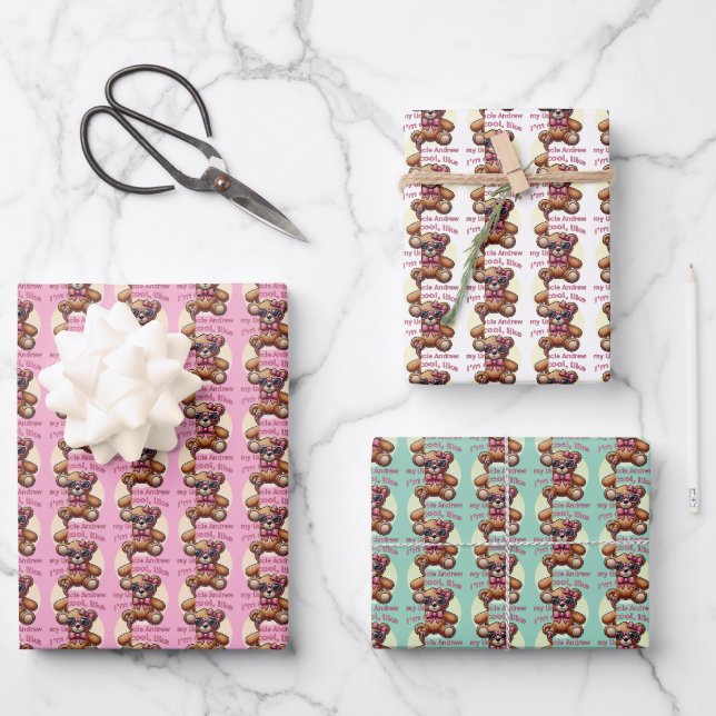 I'm Cool Teddy Bear with Pink Bow Customizable Wrapping Paper Sheet (Front)