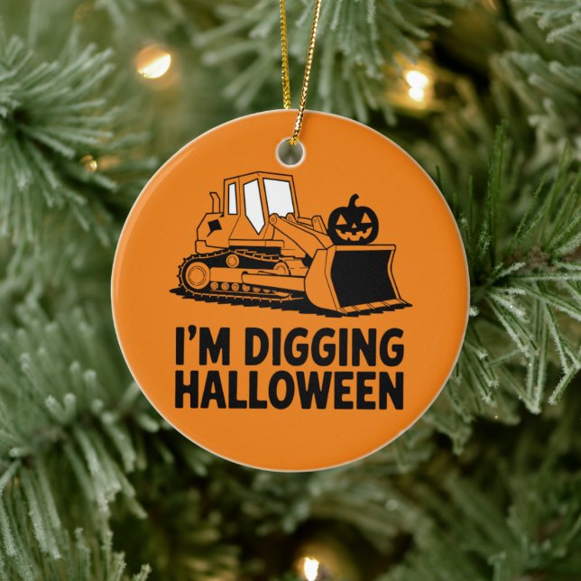 I'm Digging Halloween Pumpkin Face Tractor Kids Ceramic Ornament (Tree)