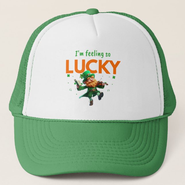 I'm Feeling So Lucky Dancing Leprechaun Shamrock Trucker Hat (Front)