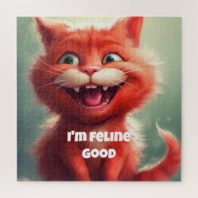"I'm Feline Good" Cute Red Cat Jigsaw Puzzle (Vertical)