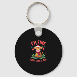 I'm Fine Everything is Fine Christmas Highland Cow Keychain