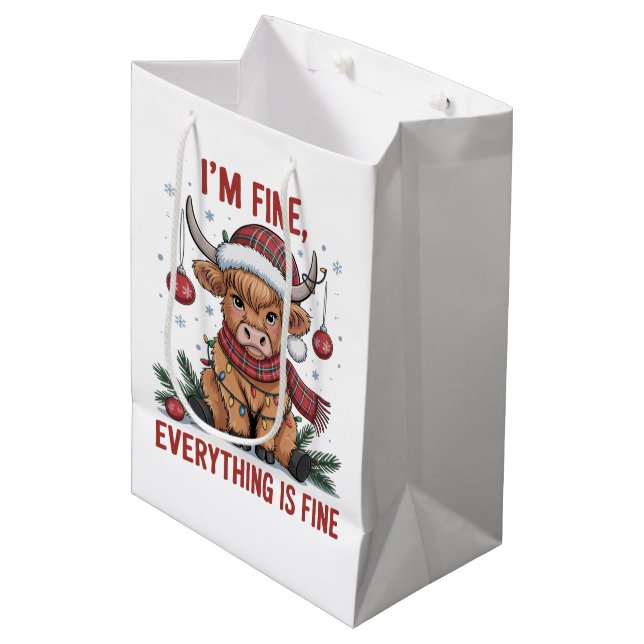 I'm Fine Everything is Fine Christmas Highland Cow Medium Gift Bag (Front Angled)