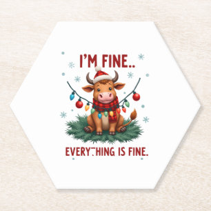 I'm Fine Everything is Fine Christmas Highland Cow Paper Coaster