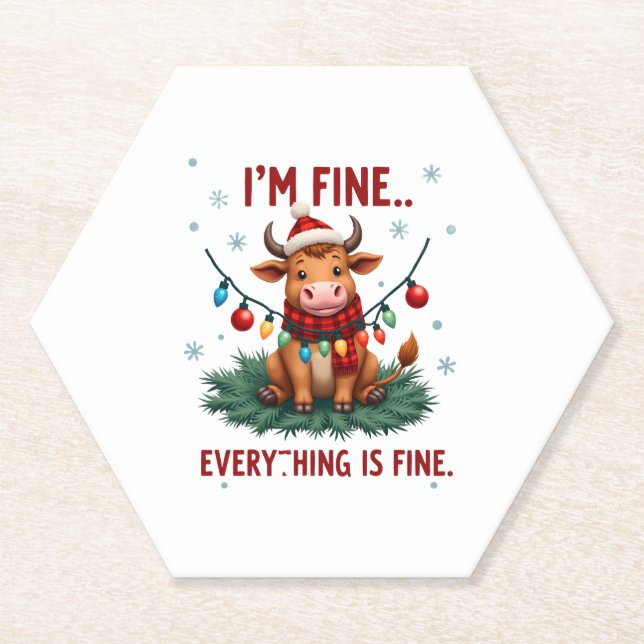 I'm Fine Everything is Fine Christmas Highland Cow Paper Coaster (Front)