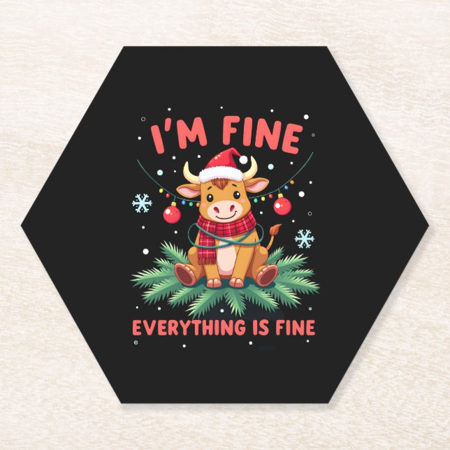 I'm Fine Everything is Fine Christmas Highland Cow Paper Coaster (Front)
