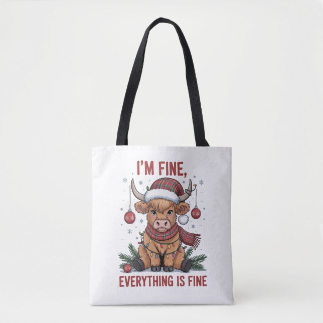 I'm Fine Everything is Fine Christmas Highland Cow Tote Bag (Front)
