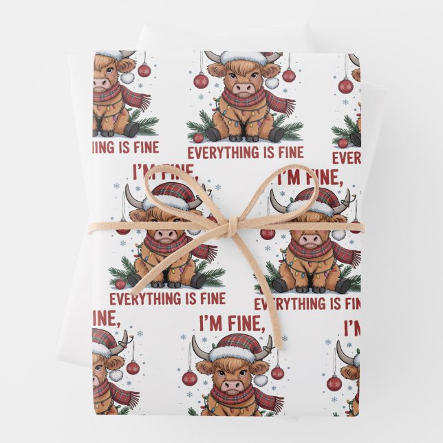 I'm Fine Everything is Fine Christmas Highland Cow Wrapping Paper Sheet (In situ)