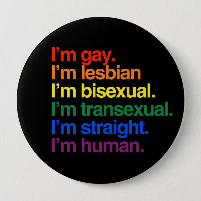 I'm gay, I'm lesbian, I'm bisexual, I'm human 4 Inch Round Button (Front)