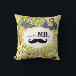 I'm Her Mr. Yellow Purple Moustache Peacock Pillow<br><div class="desc">Bistro Style Aesthetic Moustache Lemon Zest and Purple Lavender Vintage Floral Country Chic Swirly Peacock I am Her Mr. You can Personalize this Beautiful Elegant Vintage Elements Purple, Yellow Green and Black Peacock Pillow to say anything you like or use the existing Mr. for the Groom/Husband or Buy two one...</div>