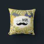 I'm Her Mr. Yellow Purple Moustache Peacock Pillow<br><div class="desc">Bistro Style Aesthetic Moustache Lemon Zest and Purple Lavender Vintage Floral Country Chic Swirly Peacock I am Her Mr. You can Personalize this Beautiful Elegant Vintage Elements Purple, Yellow Green and Black Peacock Pillow to say anything you like or use the existing Mr. for the Groom/Husband or Buy two one...</div>