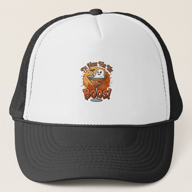 Im Here Boos Halloween Ghost Drink Spiderweb Bat_1 Trucker Hat (Front)