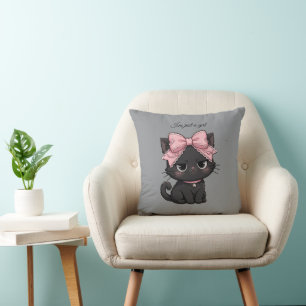I'm Just A Girl Black Cat Pink Bow Pillow